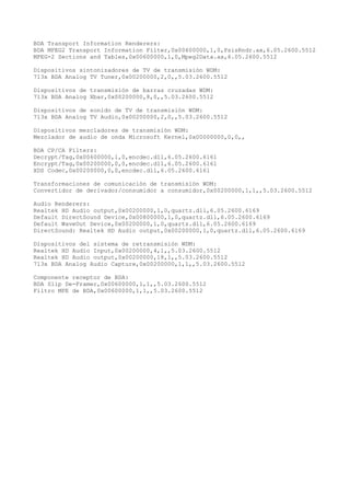 BDA Transport Information Renderers:
BDA MPEG2 Transport Information Filter,0x00600000,1,0,PsisRndr.ax,6.05.2600.5512
MPEG-2 Sections and Tables,0x00600000,1,0,Mpeg2Data.ax,6.05.2600.5512

Dispositivos sintonizadores de TV de transmisión WDM:
713x BDA Analog TV Tuner,0x00200000,2,0,,5.03.2600.5512

Dispositivos de transmisión de barras cruzadas WDM:
713x BDA Analog Xbar,0x00200000,8,0,,5.03.2600.5512

Dispositivos de sonido de TV de transmisión WDM:
713x BDA Analog TV Audio,0x00200000,2,0,,5.03.2600.5512

Dispositivos mezcladores de transmisión WDM:
Mezclador de audio de onda Microsoft Kernel,0x00000000,0,0,,

BDA CP/CA Filters:
Decrypt/Tag,0x00600000,1,0,encdec.dll,6.05.2600.6161
Encrypt/Tag,0x00200000,0,0,encdec.dll,6.05.2600.6161
XDS Codec,0x00200000,0,0,encdec.dll,6.05.2600.6161

Transformaciones de comunicación de transmisión WDM:
Convertidor de derivador/consumidor a consumidor,0x00200000,1,1,,5.03.2600.5512

Audio Renderers:
Realtek HD Audio output,0x00200000,1,0,quartz.dll,6.05.2600.6169
Default DirectSound Device,0x00800000,1,0,quartz.dll,6.05.2600.6169
Default WaveOut Device,0x00200000,1,0,quartz.dll,6.05.2600.6169
DirectSound: Realtek HD Audio output,0x00200000,1,0,quartz.dll,6.05.2600.6169

Dispositivos del sistema de retransmisión WDM:
Realtek HD Audio Input,0x00200000,4,1,,5.03.2600.5512
Realtek HD Audio output,0x00200000,18,1,,5.03.2600.5512
713x BDA Analog Audio Capture,0x00200000,1,1,,5.03.2600.5512

Componente receptor de BDA:
BDA Slip De-Framer,0x00600000,1,1,,5.03.2600.5512
Filtro MPE de BDA,0x00600000,1,1,,5.03.2600.5512
 