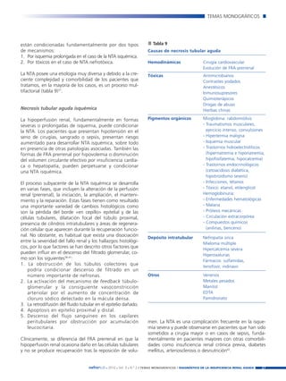 Nefroplus 29_10_meritxell_correcciones       14/10/10     10:27      Página 27




                                                                                                                TEMAS MONOGRÁFICOS




        están condicionadas fundamentalmente por dos tipos                       Tabla 9
        de mecanismos:                                                      Causas de necrosis tubular aguda
        1. Por isquemia prolongada en el caso de la NTA isquémica.
        2. Por tóxicos en el caso de NTA nefrotóxica.                       Hemodinámicas                     Cirugía cardiovascular
                                                                                                              Evolución de FRA prerrenal
        La NTA posee una etiología muy diversa y debido a la cre-           Tóxicas                           Antimicrobianos
        ciente complejidad y comorbilidad de los pacientes que                                                Contrastes yodados
        tratamos, en la mayoría de los casos, es un proceso mul-                                              Anestésicos
        tifactorial (tabla 9)37.                                                                              Inmunosupresores
                                                                                                              Quimioterápicos
                                                                                                              Drogas de abuso
        Necrosis tubular aguda isquémica                                                                      Hierbas chinas

        La hipoperfusión renal, fundamentalmente en formas                  Pigmentos orgánicos               Mioglobina: rabdomiólisis
        severas o prolongadas de isquemia, puede condicionar                                                  - Traumatismos musculares,
        la NTA. Los pacientes que presentan hipotensión en el                                                   ejercicio intenso, convulsiones
        seno de cirugías, sangrado o sepsis, presentan riesgo                                                 - Hipertermia maligna
        aumentado para desarrollar NTA isquémica, sobre todo                                                  - Isquemia muscular
        en presencia de otras patologías asociadas. También las                                               - Trastornos hidroelectrolíticos
        formas de FRA prerrenal por hipovolemia o disminución                                                   (hipernatremia e hiponatremia,
        del volumen circulante efectivo por insuficiencia cardía-                                               hipofosfatemia, hipocalcemia)
        ca o hepatopatía, pueden perpetuarse y condicionar                                                    - Trastornos endocrinológicos
        una NTA isquémica.                                                                                      (cetoacidosis diabética,
                                                                                                                hipotiroidismo severo)
        El proceso subyacente de la NTA isquémica se desarrolla                                               - Infecciones, tétanos
        en varias fases, que incluyen la alteración de la perfusión                                           - Tóxico: etanol, etilenglicol
        renal (prerrenal), la iniciación, la ampliación, el manteni-                                          Hemoglobinuria:
        miento y la reparación. Estas fases tienen como resultado                                             - Enfermedades hematológicas
        una importante variedad de cambios histológicos como                                                  - Malaria
        son la pérdida del borde «en cepillo» epitelial y de las                                              - Prótesis mecánicas
        células tubulares, dilatación focal del túbulo proximal,                                              - Circulación extracorpórea
        presencia de cilindros intratubulares y áreas de regenera-                                            - Compuestos químicos
        ción celular que aparecen durante la recuperación funcio-                                               (anilinas, benceno)
        nal. No obstante, es habitual que exista una disociación            Depósito intratubular             Nefropatía úrica
        entre la severidad del fallo renal y los hallazgos histológi-                                         Mieloma múltiple
        cos, por lo que factores se han descrito otros factores que                                           Hipercalcemia severa
        pueden influir en el descenso del filtrado glomerular, co-                                            Hiperoxalurias
        mo son los siguientes38-41:                                                                           Fármacos: sulfamidas,
        1. La obstrucción de los túbulos colectores que                                                       tenofovir, indinavir
            podría condicionar descenso de filtrado en un
            número importante de nefronas.                                  Otros                             Venenos
        2. La activación del mecanismo de feedback túbulo-                                                    Metales pesados
            glomerular y la consiguiente vasoconstricción                                                     Manitol
            arteriolar por el aumento de concentración de                                                     EDTA
            cloruro sódico detectado en la mácula densa.                                                      Pamidronato
        3. La retrodifusión del fluido tubular en el epitelio dañado.
        4. Apoptosis en epitelio proximal y distal.
        5. Descenso del flujo sanguíneo en los capilares
            peritubulares por obstrucción por acumulación                   men. La NTA es una complicación frecuente en la isque-
            leucocitaria.                                                   mia severa y puede observarse en pacientes que han sido
                                                                            sometidos a cirugía mayor o en casos de sepsis, funda-
        Clínicamente, se diferencia del FRA prerrenal en que la             mentalmente en pacientes mayores con otras comorbili-
        hipoperfusión renal ocasiona daño en las células tubulares          dades como insuficiencia renal crónica previa, diabetes
        y no se produce recuperación tras la reposición de volu-            mellitus, arteriosclerosis o desnutrición42.


                                           nefroPLUS 2010 Vol. 3 N.º 2 / TEMAS
                                                    ■     ■      ■               MONOGRÁFICOS / DIAGNÓSTICO DE LA INSUFICIENCIA RENAL AGUDA   27
 