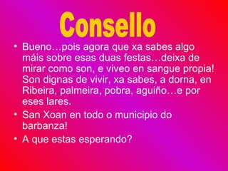 Bueno…pois agora que xa sabes algo máis sobre esas duas festas…deixa de mirar como son, e viveo en sangue propia! Son dignas de vivir, xa sabes, a dorna, en Ribeira, palmeira, pobra, aguiño…e por eses lares. San Xoan en todo o municipio do barbanza! A que estas esperando?  Consello 