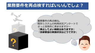 業務要件を再点検すればいいんでしょ？
業務要件の再点検ね。
既存システムの利用状況アンケートで
さっと効率的に済ませますか～
「廃止してよい機能はありますか」
「改修要望の実施状況はどうですか」
 