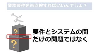 業務要件を再点検すればいいんでしょ？
要件とシステムの間
だけの問題ではなく
 