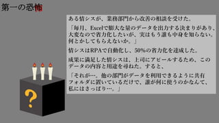 怖第一の恐怖
ある情シスが、業務部門から改善の相談を受けた。
「毎月、Excelで膨大な量のデータを出力する決まりがあり、
大変なので省力化したいが、実はもう誰も中身を知らない。
何とかしてもらえないか。」
情シスはRPAで自動化し、50％の省力化を達成した。
成果に満足した情シスは、上司にアピールするため、この
データの内容と用途を尋ねた。すると、
「それが…。他の部門がデータを利用できるように共有
フォルダに置いているだけで、誰が何に使うのかなんて、
私にはさっぱり…。」
 