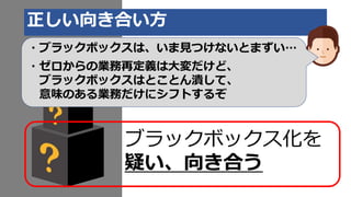 正しい向き合い方
ブラックボックス化を
疑い、向き合う
・ブラックボックスは、いま見つけないとまずい…
・ゼロからの業務再定義は大変だけど、
ブラックボックスはとことん潰して、
意味のある業務だけにシフトするぞ
 