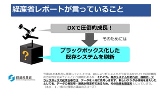 経産省レポートが言っていること
今後DXを本格的に展開していく上では、DXによりビジネスをどう変えるかといった経営戦略
の方向性を定めていくという課題もあるが、そもそも、既存システムが老朽化・複雑化・ブ
ラックボックス化する中では、データを十分に活用しきれず、新しいデジタル技術を導入した
としても、データの利活用・連携が限定的であるため、その効果も限定的となってしまう。
（本文 １．検討の背景と議論のスコープ）
ブラックボックス化した
既存システムを刷新
DXで圧倒的成長！
そのためには
 