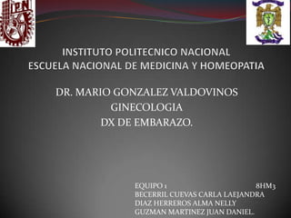 DR. MARIO GONZALEZ VALDOVINOS
GINECOLOGIA
DX DE EMBARAZO.

EQUIPO 1
8HM3
BECERRIL CUEVAS CARLA LAEJANDRA
DIAZ HERREROS ALMA NELLY
GUZMAN MARTINEZ JUAN DANIEL.

 