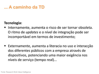 Tecnologia:
 Internamente, aumenta o risco de ser tornar obsoleta.
O ritmo de updates e o nível de integração pode ser
incomportável em termos de investimento;
 Externamente, aumenta a literacia no uso e interacção
dos diferentes públicos com a empresa através de
dispositivos, potenciando uma maior exigência nos
níveis de serviço (tempo real)...
Fonte: Research Work Value Intelligence
... A caminho da TD
 