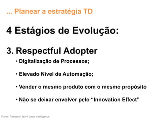 ... Planear a estratégia TD
4 Estágios de Evolução:
3. Respectful Adopter
• Digitalização de Processos;
• Elevado Nível de Automação;
• Vender o mesmo produto com o mesmo propósito
• Não se deixar envolver pelo “Innovation Effect”
Fonte: Research Work Value Intelligence
 