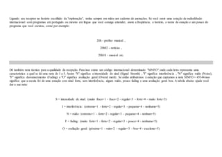 Ligando seu receptor no horário escolhido da "exploração", tenha sempre em mãos um caderno de anotações. Se você ouvir uma estação de radiodifusão
internacional com programas em português ou mesmo em língua que você consiga entender, anote a freqüência, o horário, o nome da estação e um pouco do
programa que você escutou, como por exemplo:
20h - prefixo musical ,
20h02 - notícias ,
20h10 - musical etc.
Dê também nota técnica para a qualidade da recepção. Para isso existe um código internacional denominado "SINFO" onde cada letra representa uma
característica a qual se dá uma nota de 1 a 5. Assim "S" significa a intensidade do sinal (Signal Strenth) , "I" significa interferência , "N" significa ruído (Noise),
"F" significa desvanecimento (Fading) e "O" significa avaliação geral (Overal merit). Se então atribuirmos á estação que captamos a nota SINFO = 45344 isso
significa que a escuta foi de uma estação com sinal forte, sem interferência, algum ruído, pouco fading e uma avaliação geral boa. A tabela abaixo ajuda você
dar a sua nota:
S = intensidade de sinal: (muito fraco=1 - fraco=2 - regular=3 - forte=4 - muito forte=5)
I = interferência: (extrema=1 - forte=2 - regular=3 - pequena=4 - nenhuma=5)
N = ruído: (extremo=1 - forte=2 - regular=3 - pequeno=4 - nenhum=5)
F = fading: (muito forte=1 - forte=2 - regular=3 - pouco=4 - nenhuma=5)
O = avaliação geral: (péssima=1 - ruim=2 - regular=3 - boa=4 - excelente=5)
 