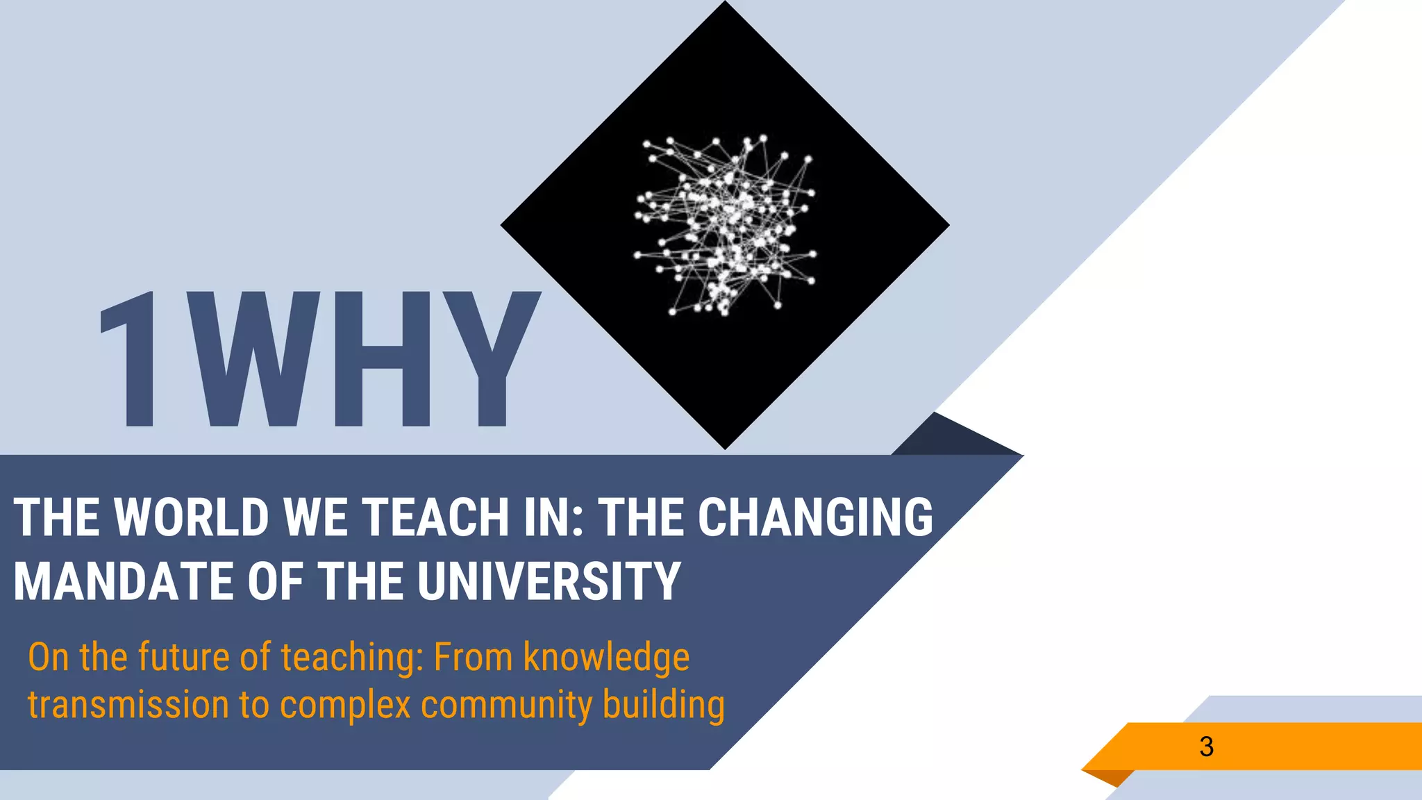 THE WORLD WE TEACH IN: THE CHANGING
MANDATE OF THE UNIVERSITY
On the future of teaching: From knowledge
transmission to complex community building
3
1WHY
 