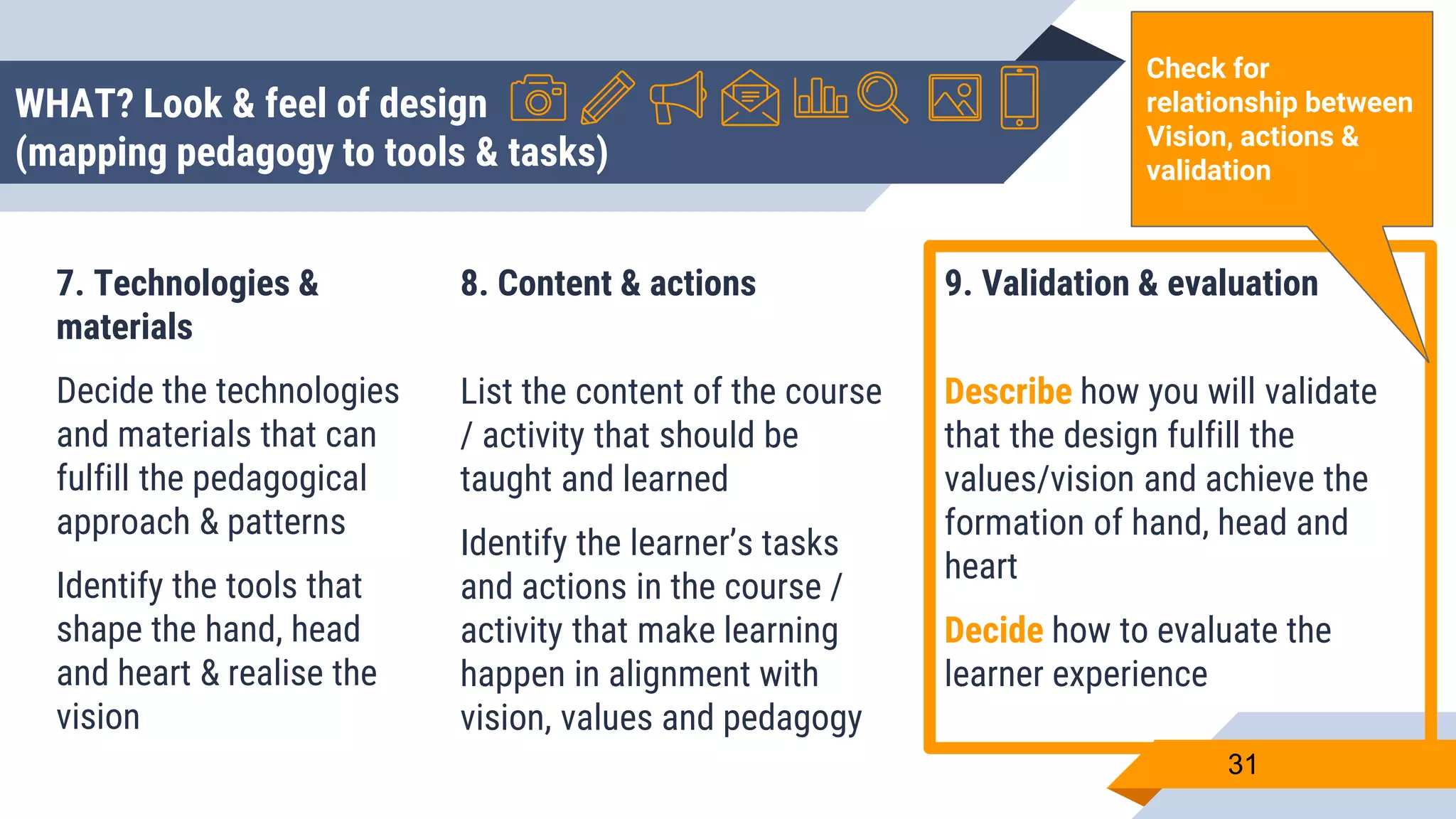 WHAT? Look & feel of design
(mapping pedagogy to tools & tasks)
7. Technologies &
materials
Decide the technologies
and materials that can
fulfill the pedagogical
approach & patterns
Identify the tools that
shape the hand, head
and heart & realise the
vision
8. Content & actions
List the content of the course
/ activity that should be
taught and learned
Identify the learner’s tasks
and actions in the course /
activity that make learning
happen in alignment with
vision, values and pedagogy
9. Validation & evaluation
Describe how you will validate
that the design fulfill the
values/vision and achieve the
formation of hand, head and
heart
Decide how to evaluate the
learner experience
31
Check for
relationship between
Vision, actions &
validation
 