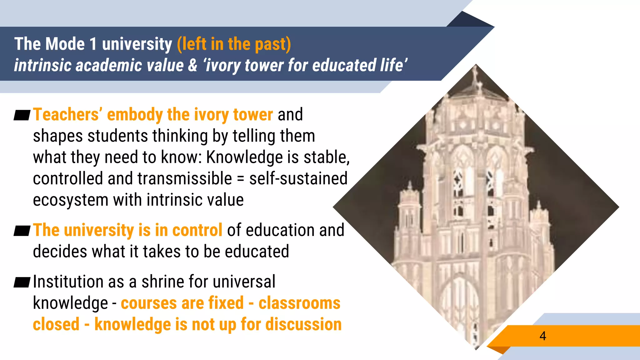 The Mode 1 university (left in the past)
intrinsic academic value & ‘ivory tower for educated life’
▰Teachers’ embody the ivory tower and
shapes students thinking by telling them
what they need to know: Knowledge is stable,
controlled and transmissible = self-sustained
ecosystem with intrinsic value
▰The university is in control of education and
decides what it takes to be educated
▰Institution as a shrine for universal
knowledge - courses are fixed - classrooms
closed - knowledge is not up for discussion
4
 