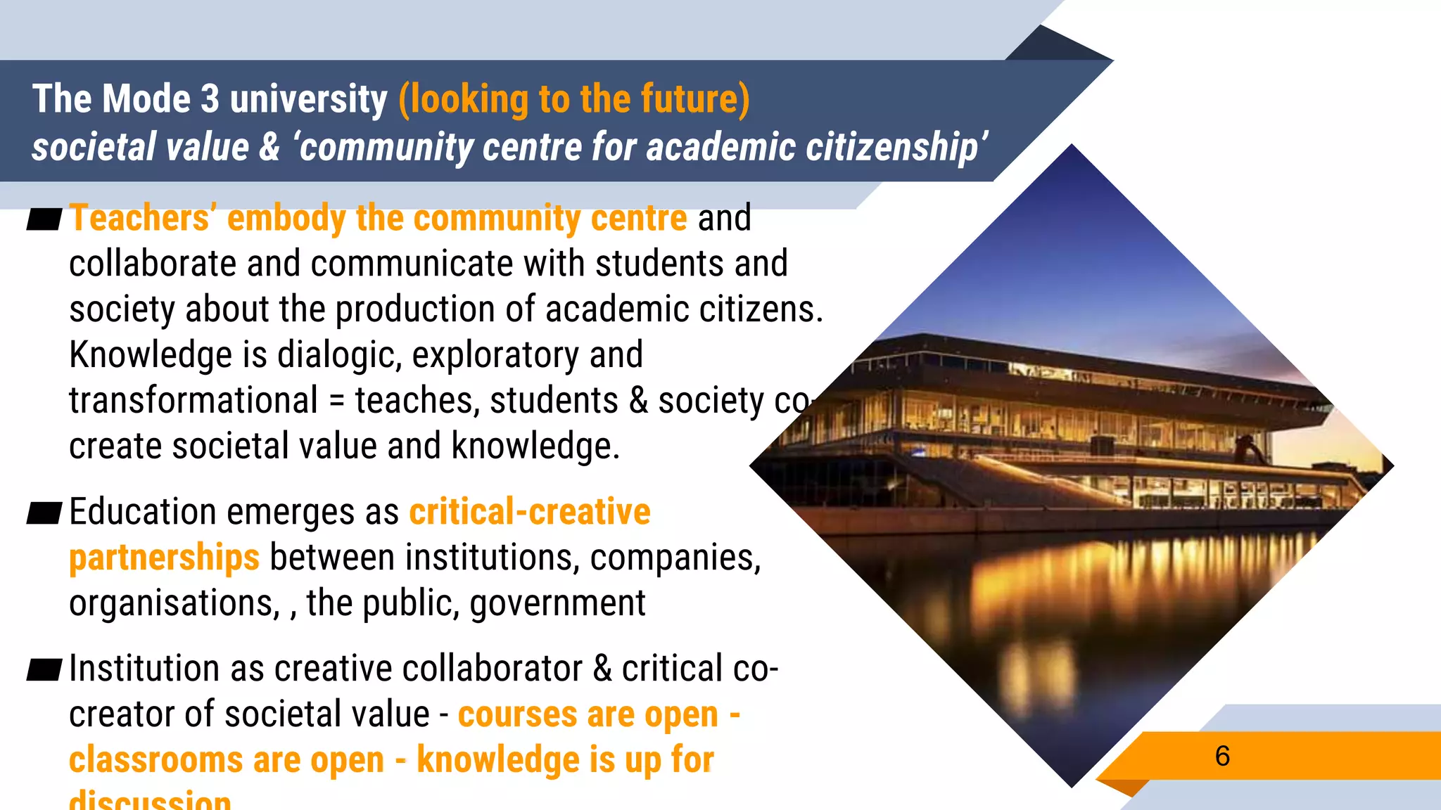 The Mode 3 university (looking to the future)
societal value & ‘community centre for academic citizenship’
▰Teachers’ embody the community centre and
collaborate and communicate with students and
society about the production of academic citizens.
Knowledge is dialogic, exploratory and
transformational = teaches, students & society co-
create societal value and knowledge.
▰Education emerges as critical-creative
partnerships between institutions, companies,
organisations, , the public, government
▰Institution as creative collaborator & critical co-
creator of societal value - courses are open -
classrooms are open - knowledge is up for 6
 