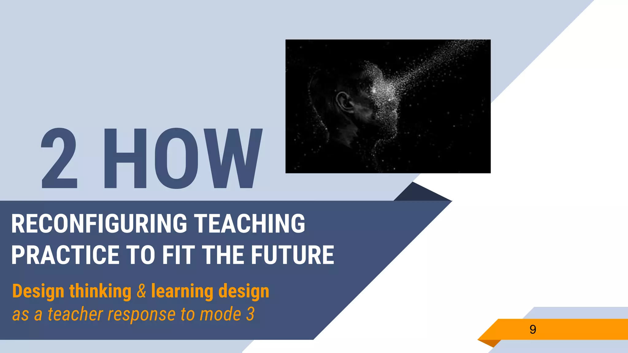 RECONFIGURING TEACHING
PRACTICE TO FIT THE FUTURE
Design thinking & learning design
as a teacher response to mode 3
9
2 HOW
 
