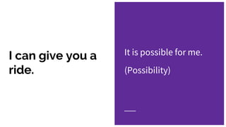 I can give you a
ride.
It is possible for me.
(Possibility)
 