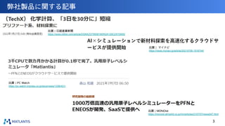 弊社製品に関する記事
出展：日経産業新聞
https://www.nikkei.com/article/DGKKZO79558180W2A120C2XY0000/
出展： マイナビ
https://news.mynavi.jp/article/20210706-1916744/
出展：PC Watch
https://pc.watch.impress.co.jp/docs/news/1336/421/
出展：MONOist
https://monoist.atmarkit.co.jp/mn/articles/2107/07/news047.html
3
 