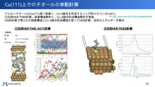 Cu(111)上でのチオールの挙動計算
ref1: https://pubs.acs.org/doi/10.1021/acs.langmuir.9b00686
アルカンチオールはCu(111)面へ吸着し、Cu-S結合を形成することが知られている(ref1)。
①汎用NNPでMD計算、吸着構造解析と、Cu-S結合形成構造解析を実施
②MD計算で得られた吸着構造とCu-S結合形成構造を使ってNEB計算、活性化エネルギーを算出
計算条件
原子数 365
MD 1 ns (1 x 106
steps)
Ensemble NVT (Langevin)
①汎用NNPでMD (NVT)計算 ②汎用NNPでNEB計算
33
 