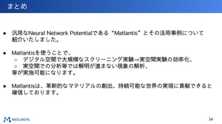 ● 汎用なNeural Network Potentialである“Matlantis”とその活用事例について
紹介いたしました。
● Matlantisを使うことで、
○ デジタル空間で大規模なスクリーニング実験→実空間実験の効率化、
○ 実空間での分析等では解明が進まない現象の解析、
等が実施可能になります。
● Matlantisは、革新的なマテリアルの創出、持続可能な世界の実現に貢献できると
確信しております。
まとめ
34
 