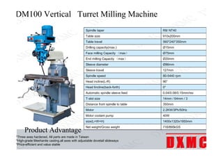 DM100 Vertical Turret Milling Machine
Product Advantage
Spindle taper R8/ NT40
Table size 910x200mm
Table travel 560*240*3...