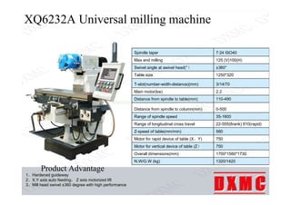 XQ6232A Universal milling machine
XQ6232A Universal milling machine
Spindle taper 7:24 ISO40
Max end milling 125 (V)100(H)...