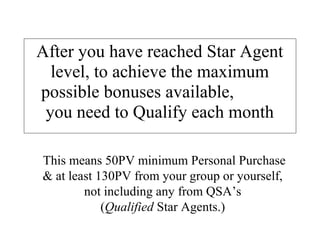 After you have reached Star Agent
level, to achieve the maximum
possible bonuses available,
you need to Qualify each month
This means 50PV minimum Personal Purchase
& at least 130PV from your group or yourself,
not including any from QSA’s
(Qualified Star Agents.)

 
