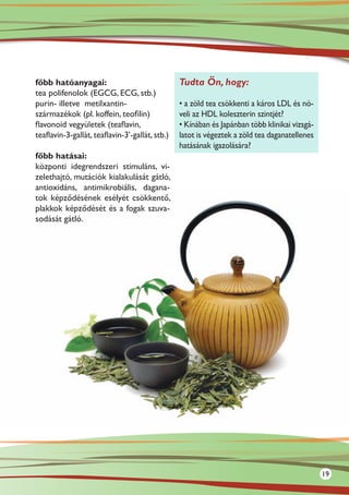 főbb hatóanyagai:                                Tudta Ön, hogy:
tea polifenolok (EGCG, ECG, stb.)
purin- illetve metilxantin-                      • a zöld tea csökkenti a káros LDL és nö-
származékok (pl. koffein, teofilin)              veli az HDL koleszterin szintjét?
flavonoid vegyületek (teaflavin,                 • Kínában és Japánban több klinikai vizsgá-
teaflavin-3-gallát, teaflavin-3’-gallát, stb.)   latot is végeztek a zöld tea daganatellenes
                                                 hatásának igazolására?
főbb hatásai:
központi idegrendszeri stimuláns, vi-
zelethajtó, mutációk kialakulását gátló,
antioxidáns, antimikrobiális, dagana-
tok képződésének esélyét csökkentő,
plakkok képződését és a fogak szuva-
sodását gátló.




                                                                                               19
 