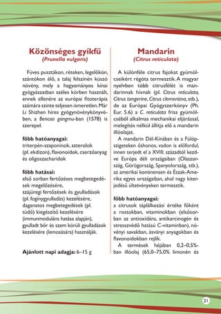 Közönséges gyíkfű                                  Mandarin
         (Prunella vulgaris)                       (Citrus reticulata)

  Füves pusztákon, réteken, legelőkön,       A különféle citrus fajokat gyümöl-
szántókon élő, a talaj felszínén kúszó    cseikért régóta termesztik. A magyar
növény, mely a hagyományos kínai          nyelvben több citrusfélét is man-
gyógyászatban széles körben használt,     darinnak hívnak (pl. Citrus reticulata,
ennek ellenére az európai fitoterápia     Citrus tangerine, Citrus clementina, stb.),
számára szinte teljesen ismeretlen. Már   de az Európai Gyógyszerkönyv (Ph.
Li Shizhen híres gyógynövénykönyvé-       Eur. 5.6) a C. reticulata friss gyümöl-
ben, a Bencao gangmu-ban (1578) is        cséből alkalmas mechanikai eljárással,
szerepel.                                 melegítés nélkül állítja elő a mandarin
                                          illóolajat.
főbb hatóanyagai:                            A mandarin Dél-Kínában és a Fülöp-
triterpén-szaponinok, szterolok           szigeteken őshonos, vadon is előfordul,
(pl. ekdizon), flavonoidok, cserzőanyag   innen terjedt el a XVIII. századtól kezd-
és oligoszacharidok                       ve Európa déli országaiban (Olaszor-
                                          szág, Görögország, Spanyolország, stb.),
főbb hatásai:                             az amerikai kontinensen és Észak-Ame-
első sorban fertőzéses megbetegedé-       rika egyes országaiban, ahol nagy kiter-
sek megelőzésére,                         jedésű ültetvényeken termesztik.
szájüregi fertőzések és gyulladások
(pl. fogínygyulladás) kezelésére,         főbb hatóanyagai:
daganatos megbetegedések (pl.             a citrusok táplálkozási értéke főként
tüdő) kiegészítő kezelésére               a rostokban, vitaminokban (elsősor-
(immunmoduláns hatása alapján),           ban az antioxidáns, antikarcinogén és
gyulladt bőr és szem körüli gyulladások   stresszvédő hatású C-vitaminban), nö-
kezelésére (lemosására) használják.       vényi savakban, ásványi anyagokban és
                                          flavonoidokban rejlik.
                                             A termések héjában 0,2–0,5%-
Ajánlott napi adagja: 6–15 g              ban illóolaj (65,0–75,0% limonén és




                                                                                        21
 