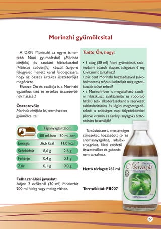 Morinzhi gyümölcsital

   A DXN Morinzhi az egyre ismer-         Tudta Ön, hogy:
tebb Noni gyümölcsből (Morinda
citrifolia) és szudáni hibiszkuszból      • 1 adag (30 ml) Noni gyümölcslé, szak-
(Hibiscus sabdariffa) készül. Szigorú     irodalmi adatok alapján, átlagosan 6 mg
felügyelet mellett kerül feldolgozásra,   C-vitamint tartalmaz?
hogy az összes értékes összetevőjét       • pár cent Morinzhi hozzáadásával (alko-
megőrizze.                                holmentes) trópusi koktéljait még egzoti-
   Élvezze Ön és családja is a Morinzhi   kusabb ízűvé teheti?
egzotikus ízét és értékes összetevői-     • a Morinzhi-ben is megtalálható szudá-
nek hatását!                              ni hibiszkuszt salaktalanító és roboráló
                                          hatású teák alkotórészeként a szervezet
Összetevők:                               salaktalanítására és légúti megbetegedé-
Morinda citrifolia lé, természetes        seknél a szükséges napi folyadékbevitel
gyümölcs ital                             (illetve vitamin és ásványi anyagok) bizto-
                                          sítására használják?
                 Tápanyagtartalom
                                            Tartósítószert, mes­ er­ éges
                                                                t s
              100 ml-ben 30 ml-ben        színezéket, hozzá­ dott íz- és
                                                            a
                                          aromaanyagokat, adalék-
 Energia       36,6 kcal     11,0 kcal    anyagokat, állati eredetű
 Szénhidrát      8,6 g         2,6 g      összetevőket és gabonát
                                          nem tartalmaz.
 Fehérje         0,4 g         0,1 g
 Zsír            0,1 g         0,0 g
                                          Nettó térfogat: 285 ml

Felhasználási javaslat:
Adjon 2 evőkanál (30 ml) Morinzhit
200 ml hideg vagy meleg vízhez.           Termékkód: FB007




                                                                                        27
 