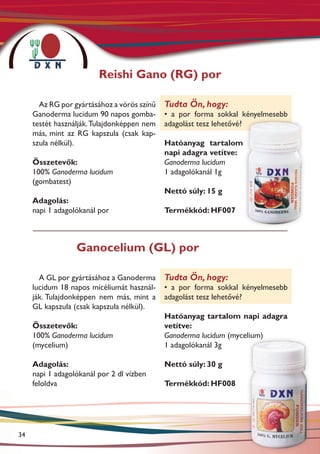 Reishi Gano (RG) por

       Az RG por gyártásához a vörös színű   Tudta Ön, hogy:
     Ganoderma lucidum 90 napos gomba-       • a por forma sokkal kényelmesebb
     testét használják. Tulajdonképpen nem   adagolást tesz lehetővé?
     más, mint az RG kapszula (csak kap-
     szula nélkül).                          Hatóanyag tartalom
                                             napi adagra vetítve:
     Összetevők:                             Ganoderma lucidum
     100% Ganoderma lucidum                  1 adagolókanál 1g
     (gombatest)
                                             Nettó súly: 15 g
     Adagolás:
     napi 1 adagolókanál por                 Termékkód: HF007



                  Ganocelium (GL) por

       A GL por gyártásához a Ganoderma      Tudta Ön, hogy:
     lucidum 18 napos micéliumát használ-    • a por forma sokkal kényelmesebb
     ják. Tulajdonképpen nem más, mint a     adagolást tesz lehetővé?
     GL kapszula (csak kapszula nélkül).
                                             Hatóanyag tartalom napi adagra
     Összetevők:                             vetítve:
     100% Ganoderma lucidum                  Ganoderma lucidum (mycelium)
     (mycelium)                              1 adagolókanál 3g

     Adagolás:                               Nettó súly: 30 g
     napi 1 adagolókanál por 2 dl vízben
     feloldva                                Termékkód: HF008




34
 