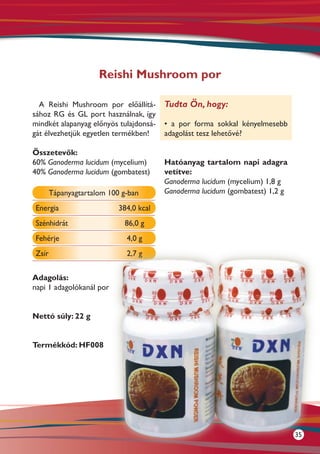 Reishi Mushroom por

  A Reishi Mushroom por előállítá-      Tudta Ön, hogy:
sához RG és GL port használnak, így
mindkét alapanyag előnyös tulajdonsá-   • a por forma sokkal kényelmesebb
gát élvezhetjük egyetlen termékben!     adagolást tesz lehetővé?

Összetevők:
60% Ganoderma lucidum (mycelium)        Hatóanyag tartalom napi adagra
40% Ganoderma lucidum (gombatest)       vetítve:
                                        Ganoderma lucidum (mycelium) 1,8 g
       Tápanyagtartalom 100 g-ban       Ganoderma lucidum (gombatest) 1,2 g

Energia                    384,0 kcal
Szénhidrát                   86,0 g
Fehérje                      4,0 g
Zsír                         2,7 g


Adagolás:
napi 1 adagolókanál por


Nettó súly: 22 g


Termékkód: HF008




                                                                              35
 