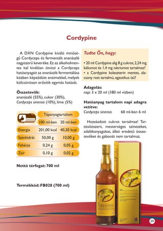 Cordypine

  A DXN Cordypine kiváló minősé-         Tudta Ön, hogy:
gű Cordyceps és fermentált ananászlé
nagyszerű keveréke. Ez az alkoholmen-    • 20 ml Cordypine alig 8 g cukrot, 2,24 mg
tes ital kiválóan ötvözi a Cordyceps     káliumot és 1,4 mg nátriumot tartalmaz?
hatóanyagait az ananászlé fermentálása   • a Cordypine koleszterin mentes, ala-
közben képződött enzimekkel, melyek      csony rost tartalmú, egzotikus ízű?
kölcsönösen erősítik egymás hatását.
                                         Adagolás:
Összetevők:                              napi 3 x 20 ml (180 ml vízben)
ananászlé (55%), cukor (30%),
Cordyceps sinensis (10%), lime (5%)      Hatóanyag tartalom napi adagra
                                         vetítve:
                                         Cordyceps sinensis 60 ml-ben 6 ml
                 Tápanyagtartalom
              100 ml-ben 20 ml-ben         Hozzáadott cukrot tartalmaz! Tar-
                                         tósítószert, mesterséges színezéket,
 Energia      201,00 kcal 40,20 kcal     adalékanyagokat, állati eredetű össze-
 Szénhidrát    50,00 g      10,00 g      tevőket és gabonát nem tartalmaz.

 Fehérje        0,24 g       0,05 g
 Zsír           0,10 g       0,02 g


Nettó térfogat: 700 ml



Termékkód: FB028 (700 ml)




                                                                                      39
 