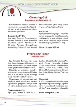 DXN Aloe V. series termékcsalád




                                  Cleansing Gel
                            Szappanmentes bőrtisztító gél

       Kíméletesen de alaposan távolítja el     Aloe barbadensis (Aloe Vera) Extract,
     a sminket és a szennyeződéseket, anél-     Fragrance, Methylisothiazolinone
     kül hogy a bőr elveszítené természe-
     tes nedvességtartalmát.               Használat:
                                           Nyomjon kellő mennyiséget a tenyerébe,
     Összetevők (INCI):                    keverje össze egy kis vízzel, habosítsa fel,
     Aqua (víz), Glycerine, Cocamidopropyl majd vigye fel az arcára. Lágyan masszí-
     Betaine, Sodium Cocoyl Alaninate, rozza be az arcbőrébe, majd bő vízzel
     Propylene Glycol, Acrylates/C10- öblítse le és gyengéden törölje meg.
     30 Alkyl Acrylate Crosspolymer,
     Aminomethyl Propanol, Phenoxyethanol, Nettó térfogat: 100 ml


                               Hydrating Toner
                                     hidratáló tonik

       Egy hidratáló formula, mely Aloe         Butylene Glycol, Aloe barbadensis (Aloe
     Vera és csodamogyoró-kivonatot, va-        Vera) Extract, Hamamelis virginiana
     lamint aminosavakat tartalmaz, melyek      (Witch Hazel) Extract, Phenoxyethanol,
     különleges bőrápolóként működnek.          Betaine, Sodium PCA, Sorbitol, Serine,
       Eltávolítja az arctisztító maradvá-      Glycine, Methylisothiazolinone, Glutamic
     nyait, a make up-ot, szennyeződéseket,     Acid, Lysine, Alanine, Arginine, Threonine,
     port és a bőr elhalt sejtjeit, ezzel egy   Proline
     kiváló második tisztítást biztosít.
       Összehúzza a bőr pórusait, ezzel segít   Használat:
     megőrizni annak természetes nedves-        A bőr megfelelő tisztítása után tegyen
     ségtartalmát, gyengéden tisztítja bőrét,   egy keveset egy vattakorongra, lágy, kör-
     ami élénké és bársonyosan puhává válik.    körös mozdulatokkal masszírozza be a
                                                bőrébe. A szem környékén ne használja!
     Összetevők (INCI):
     Aqua (víz), Methyl Gluceth-20, 1,3-        Nettó térfogat: 100 ml




54
 