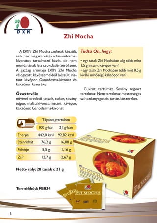 Zhi Mocha

      A DXN Zhi Mocha azoknak készült,      Tudta Ön, hogy:
    akik már megszerették a Ganoderma-
    kivonatot tartalmazó kávét, de nem      • egy tasak Zhi Mochában alig több, mint
    mondanának le a csokoládé ízéről sem.   1,5 g instant kávépor van?
    A gazdag aromájú DXN Zhi Mocha          • egy tasak Zhi Mochában több mint 0,5 g
    válogatott kávészemekből készült ins-   kiváló minőségű kakaópor van?
    tant kávépor, Ganoderma-kivonat és
    kakaópor keveréke.
                                              Cukrot tartalmaz. Sovány tejport
    Összetevők:                             tartalmaz. Nem tartalmaz mesterséges
    növényi eredetű tejszín, cukor, sovány színezőanyagot és tartósítószereket.
    tejpor, malátakivonat, instant kávépor,
    kakaópor, Ganoderma-kivonat


                   Tápanyagtartalom
                 100 g-ban    21 g-ban
    Energia      442,0 kcal   92,82 kcal
    Szénhidrát     76,2 g      16,00 g
    Fehérje        5,5 g       1,16 g
    Zsír           12,7 g      2,67 g


    Nettó súly: 20 tasak x 21 g



    Termékkód: FB034




8
 