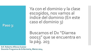 Paso 3:
Ya con el dominio y la clase
escogidos, nos vamos al
índice del dominio (En este
caso el dominio 3)
Buscamos el Dx “Diarrea
00013” que se encuentra en
la pág. 203
Enf. Roberto Alfonso Suárez
Docente Programa de Enfermería, Marzo 2014
 