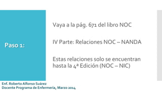 Paso 1:
Vaya a la pág. 671 del libro NOC
IV Parte: Relaciones NOC – NANDA
Estas relaciones solo se encuentran
hasta la 4ª Edición (NOC – NIC)
Enf. Roberto Alfonso Suárez
Docente Programa de Enfermería, Marzo 2014
 
