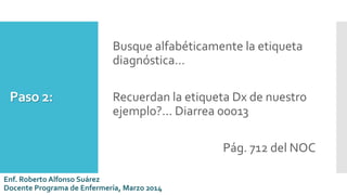 Paso 2:
Busque alfabéticamente la etiqueta
diagnóstica…
Recuerdan la etiqueta Dx de nuestro
ejemplo?... Diarrea 00013
Pág. 712 del NOC
Enf. Roberto Alfonso Suárez
Docente Programa de Enfermería, Marzo 2014
 
