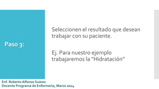 Paso 3:
Seleccionen el resultado que desean
trabajar con su paciente.
Ej. Para nuestro ejemplo
trabajaremos la “Hidratación”
Enf. Roberto Alfonso Suárez
Docente Programa de Enfermería, Marzo 2014
 