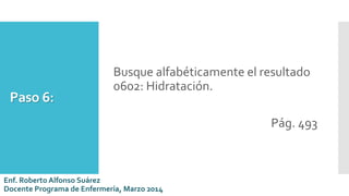 Paso 6:
Busque alfabéticamente el resultado
0602: Hidratación.
Pág. 493
Enf. Roberto Alfonso Suárez
Docente Programa de Enfermería, Marzo 2014
 