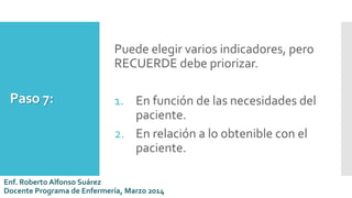 Paso 7:
Puede elegir varios indicadores, pero
RECUERDE debe priorizar.
1. En función de las necesidades del
paciente.
2. En relación a lo obtenible con el
paciente.
Enf. Roberto Alfonso Suárez
Docente Programa de Enfermería, Marzo 2014
 