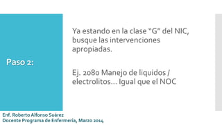 Paso 2:
Ya estando en la clase “G” del NIC,
busque las intervenciones
apropiadas.
Ej. 2080 Manejo de liquidos /
electrolitos… Igual que el NOC
Enf. Roberto Alfonso Suárez
Docente Programa de Enfermería, Marzo 2014
 