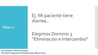 Paso 1:
Ej. Mi paciente tiene
diarrea..
Elegimos Dominio 3
“Eliminación e Intercambio”
Enf. Roberto Alfonso Suárez
Docente Programa de Enfermería, Marzo 2014
 