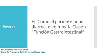 Paso 2:
Ej. Como el paciente tiene
diarrea, elegimos la Clase 2
“Función Gastrointestinal”
Enf. Roberto Alfonso Suárez
Docente Programa de Enfermería, Marzo 2014
 