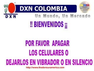 DXN COLOMBIA Un Mundo, Un Mercado !! BIENVENIDOS ¡¡POR FAVOR  APAGAR  LOS CELULARES O DEJARLOS EN VIBRADOR O EN SILENCIO http://www.thedxnsuramerica.com 