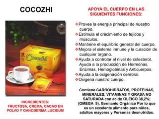 COCOZHI                      APOYA EL CUERPO EN LAS
                                   SIGUIENTES FUNCIONES:

                            Provee la energía principal de nuestro
                             cuerpo.
                            Estimula el crecimiento de tejidos y
                             músculos.
                            Mantiene el equilibrio general del cuerpo.
                            Mejora el sistema inmune y la curación de
                             cualquier órgano.
                            Ayuda a controlar el nivel de colesterol.
                             Ayuda a la producción de Hormonas,
                             Enzimas, Hemoglobinas y Anticuerpos.
                            Ayuda a la oxigenación cerebral.
                            Oxigena nuestro cuerpo.

                              Contiene CARBOHIDRATOS, PROTEINAS,
                               MINERALES, VITAMINAS Y GRASA NO
                                SATURADA con acido OLEICO 38,2%;
       INGREDIENTES:         (OMEGA 9), Germanio Orgánico Por lo que
FRUCTOSA, CREMA, CACAO EN       es un excelente alimento para niños,
POLVO Y GANODERMA LUCIDUM
                              adultos mayores y Personas desnutridas.
 