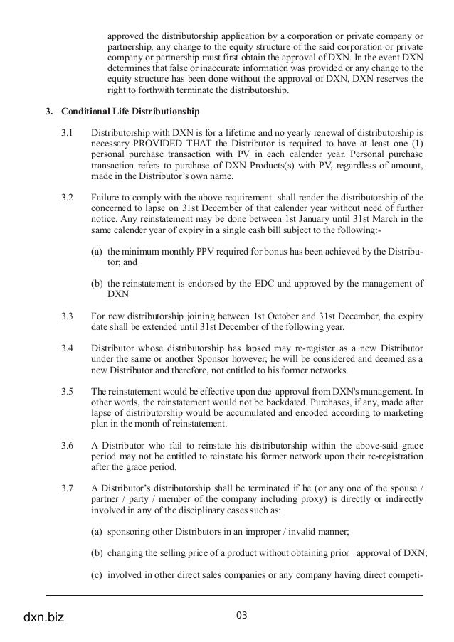 DXN distributorship rules and regulations