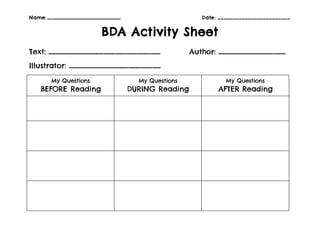 Name: ___________________________ Date: ________________________
BDA Activity Sheet
Text: ____________________________ Author: _________________
Illustrator: _______________________
My Questions
BEFORE Reading
My Questions
DURING Reading
My Questions
AFTER Reading
 