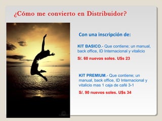 ¿Cómo me convierto en Distribuidor? 
Con una inscripción de: 
KIT BASICO.- Que contiene; un manual, 
back office, ID Internacional y vitalicio 
S/. 60 nuevos soles. U$s 23 
KIT PREMIUM.- Que contiene; un 
manual, back office, ID Internacional y 
vitalicio mas 1 caja de café 3-1 
S/. 90 nuevos soles. U$s 34 
 