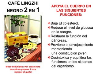 CAFÉ LINGZHI NEGRO 2 EN 1APOYA EL CUERPO EN LAS SIGUIENTES FUNCIONES:Baja El colesterol.