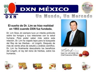DXN VENEZUELADXN MÉXICODXN VenezuelaUn Mundo, Un MercadoÉl sueño de Dr. Lim se hizo realidad en 1993 cuando DXN fue fundada.Dr. Lim Siow Jin siempre tuvo un interés profundo sobre los hongos y sus relaciones con la salud humana. Para poder saber más sobre esta relación, Dr. Lim ha viajado lejos para la búsqueda del Rey de las Hierbas - el Lingzhi. Después de más de veinte años de estudio y análisis científico, Dr. Lim ha finalmente descubierto los beneficios del Lingzhi, el rey del reino de hierbas, sobre los humanos.