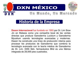 DXN VENEZUELADXN MÉXICODXN VenezuelaUn Mundo, Un MercadoHistoria de la EmpresaDaxen Internacional fue fundado en 1993 por Dr. Lim Siow Jin en Malasia como una compañía local de las ventas directas que produce Ganoderma Lucidum y Ganoderma Mycelium usando tecnologías avanzadas y modernas.Daxen ha construido una línea de producción interna para procesar los productos de Ganoderma que combina la tecnología avanzada con la teoría médica de Ganoderma de Dr. Lim. DXN Sdn. farmacéutico Bhd es una fábrica integrada de 28,000 pies cuadrados. 