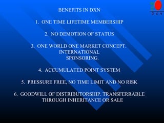 BENEFITS IN DXN 1.  ONE TIME LIFETIME MEMBERSHIP 2.  NO DEMOTION OF STATUS 3.  ONE WORLD ONE MARKET CONCEPT.  INTERNATIONAL SPONSORING. 4.  ACCUMULATED POINT SYSTEM 5.  PRESSURE FREE, NO TIME LIMIT AND NO RISK 6.  GOODWILL OF DISTRIBUTORSHIP. TRANSFERRABLE THROUGH INHERITANCE OR SALE 